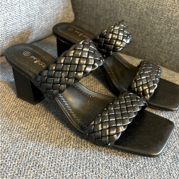 Braided Heeled Sandals Backless Square Open Toe Block Slide Sandals - Picture 1 of 9